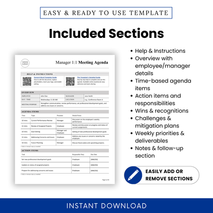 Editable 1:1 Manager meeting agenda template feature graphic highlighting included sections such as help and instructions, employee and manager details, time-based agenda items, action items, wins and recognitions, challenges, priorities, and follow-up notes