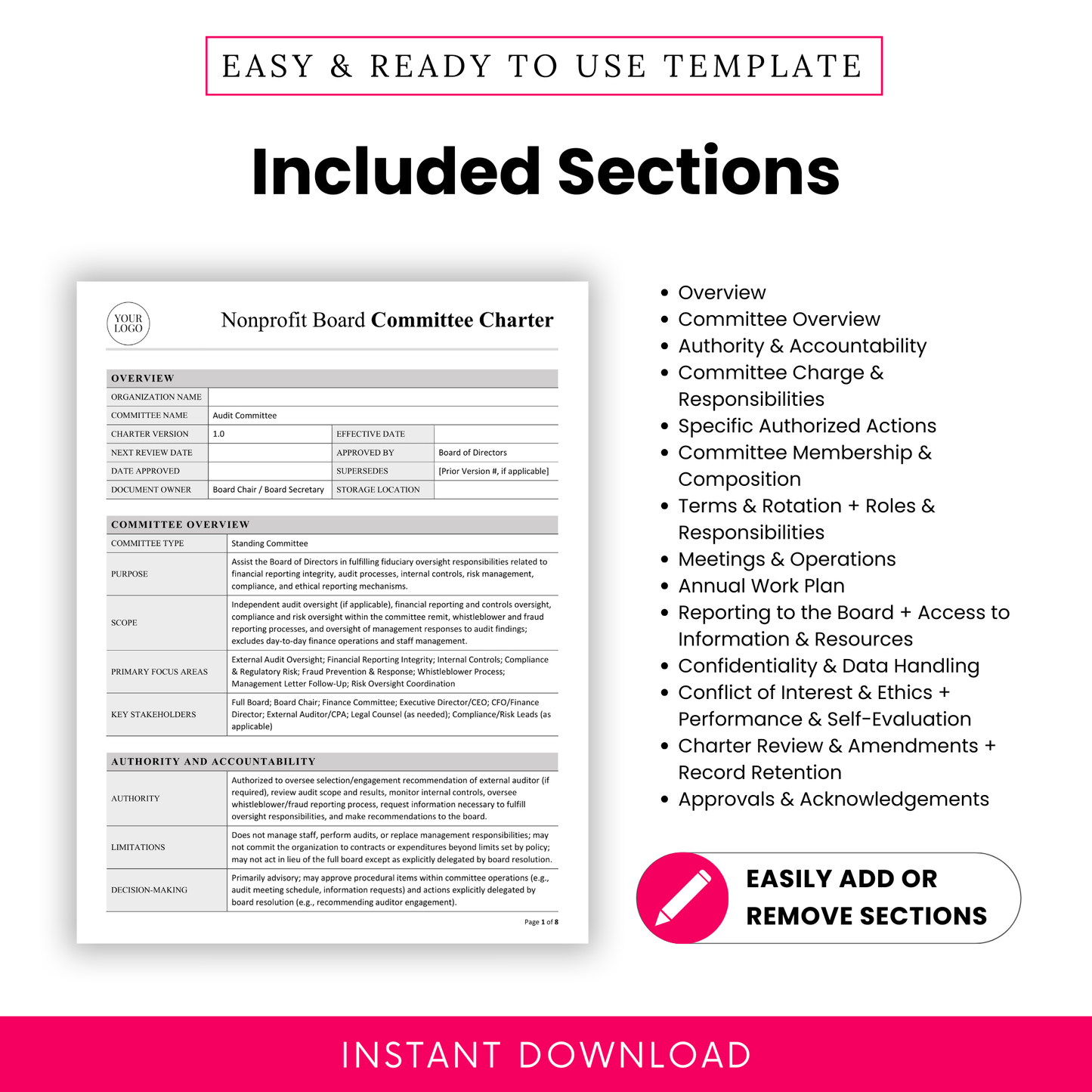 Audit committee charter template sections including overview, authority, responsibilities, membership, meetings, reporting, confidentiality, ethics, and board approvals for nonprofit governance