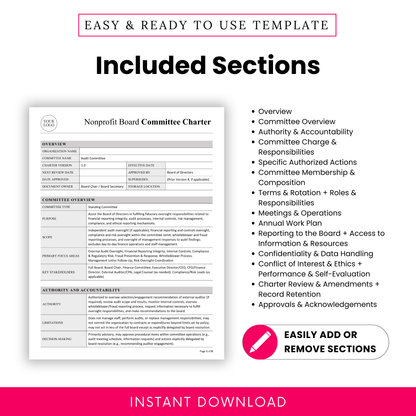 Audit committee charter template sections including overview, authority, responsibilities, membership, meetings, reporting, confidentiality, ethics, and board approvals for nonprofit governance