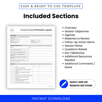 Nonprofit board orientation agenda template image highlighting included sections such as overview, session objectives, agenda, materials to review, follow-up action items, session notes, questions raised, key takeaways, additional resources needed, and editable notes sections