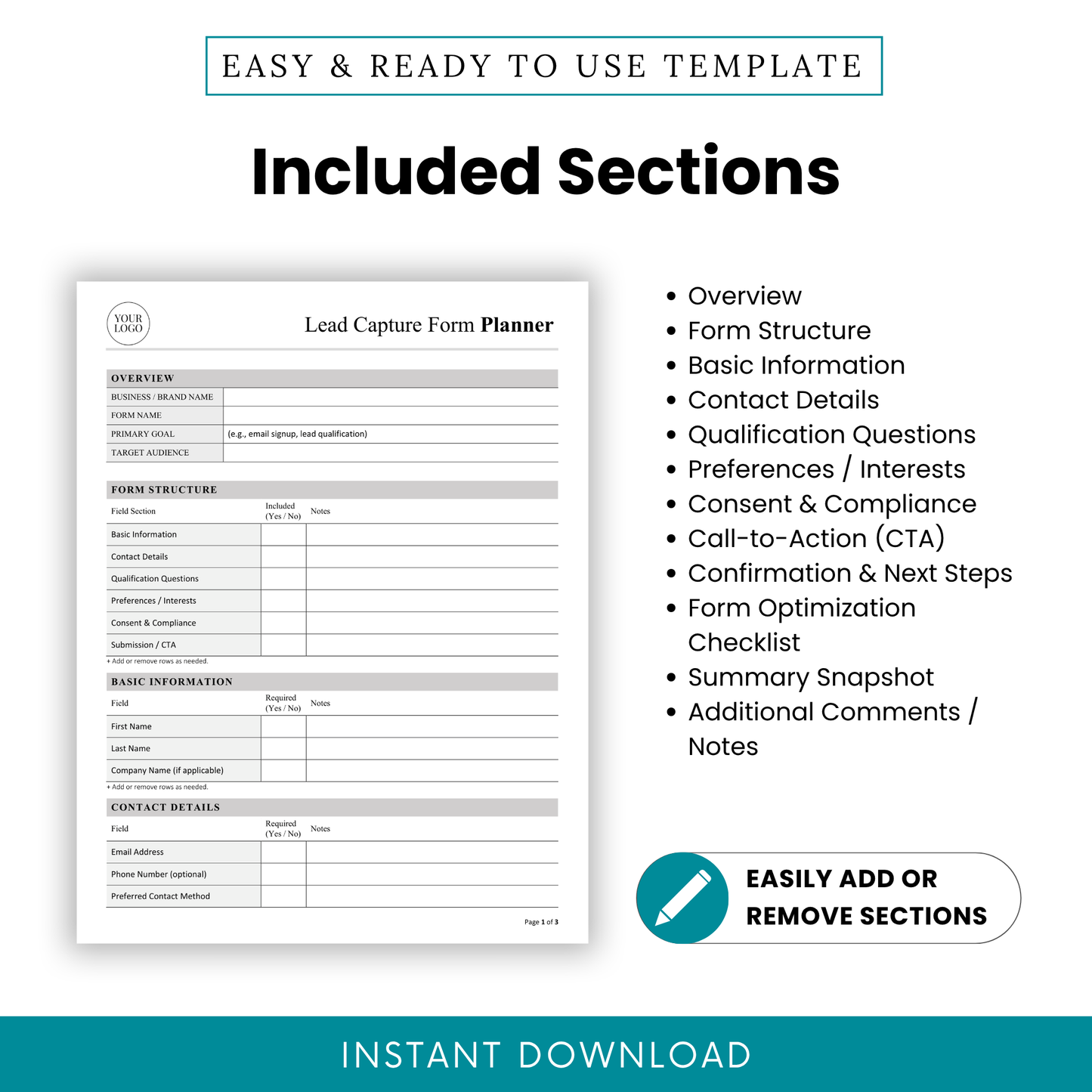 Lead Capture Form Planner Template Word highlighting all included sections like overview, contact details, and qualification questions. This simple and editable lead capture template is ideal for structuring client intake and improving lead management processes.