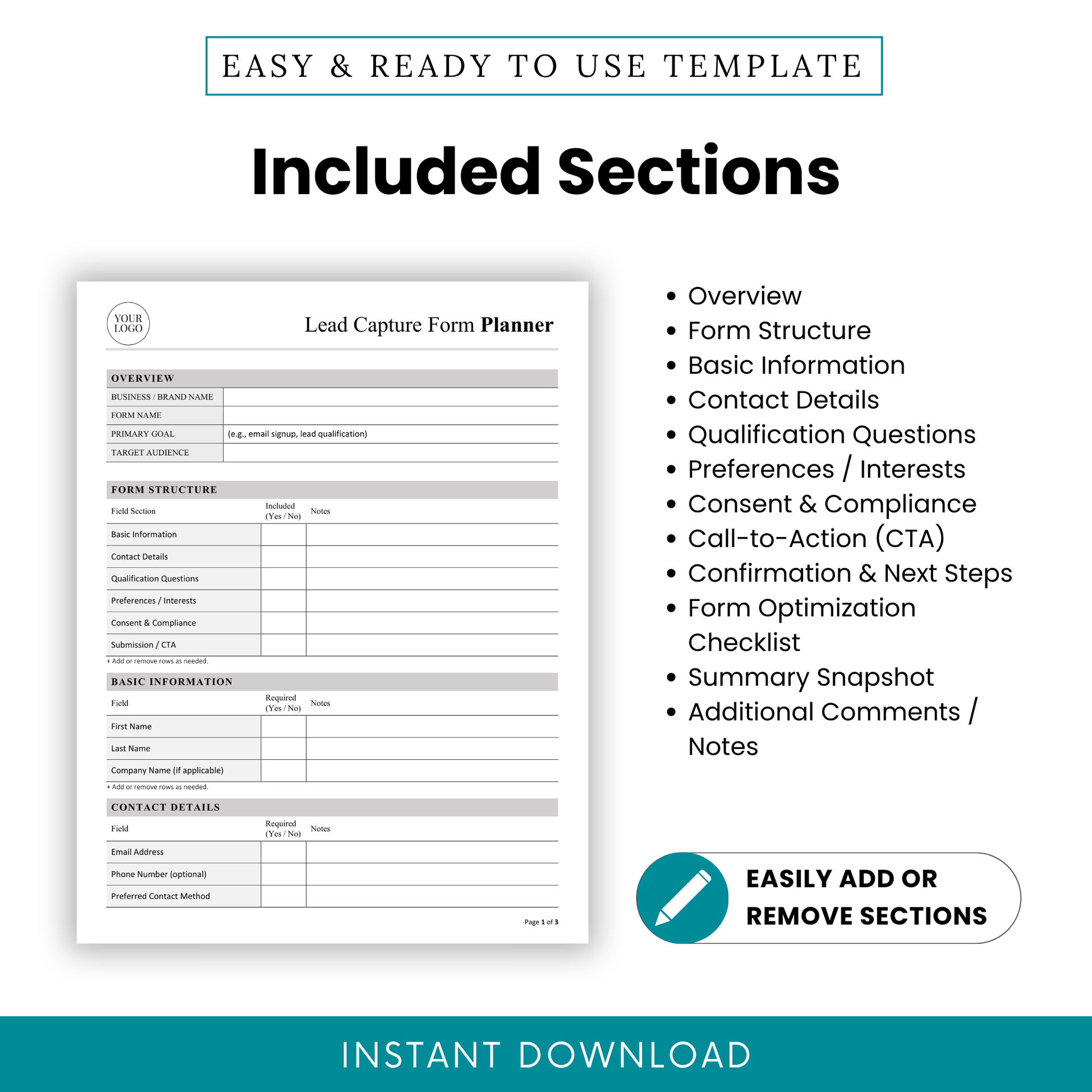Lead Capture Form Planner Template Word highlighting all included sections like overview, contact details, and qualification questions. This simple and editable lead capture template is ideal for structuring client intake and improving lead management processes.