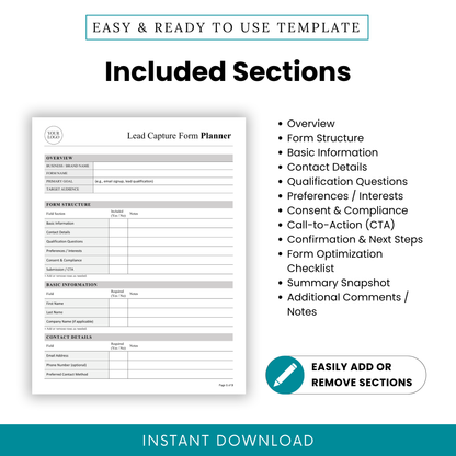 Lead Capture Form Planner Template Word highlighting all included sections like overview, contact details, and qualification questions. This simple and editable lead capture template is ideal for structuring client intake and improving lead management processes.