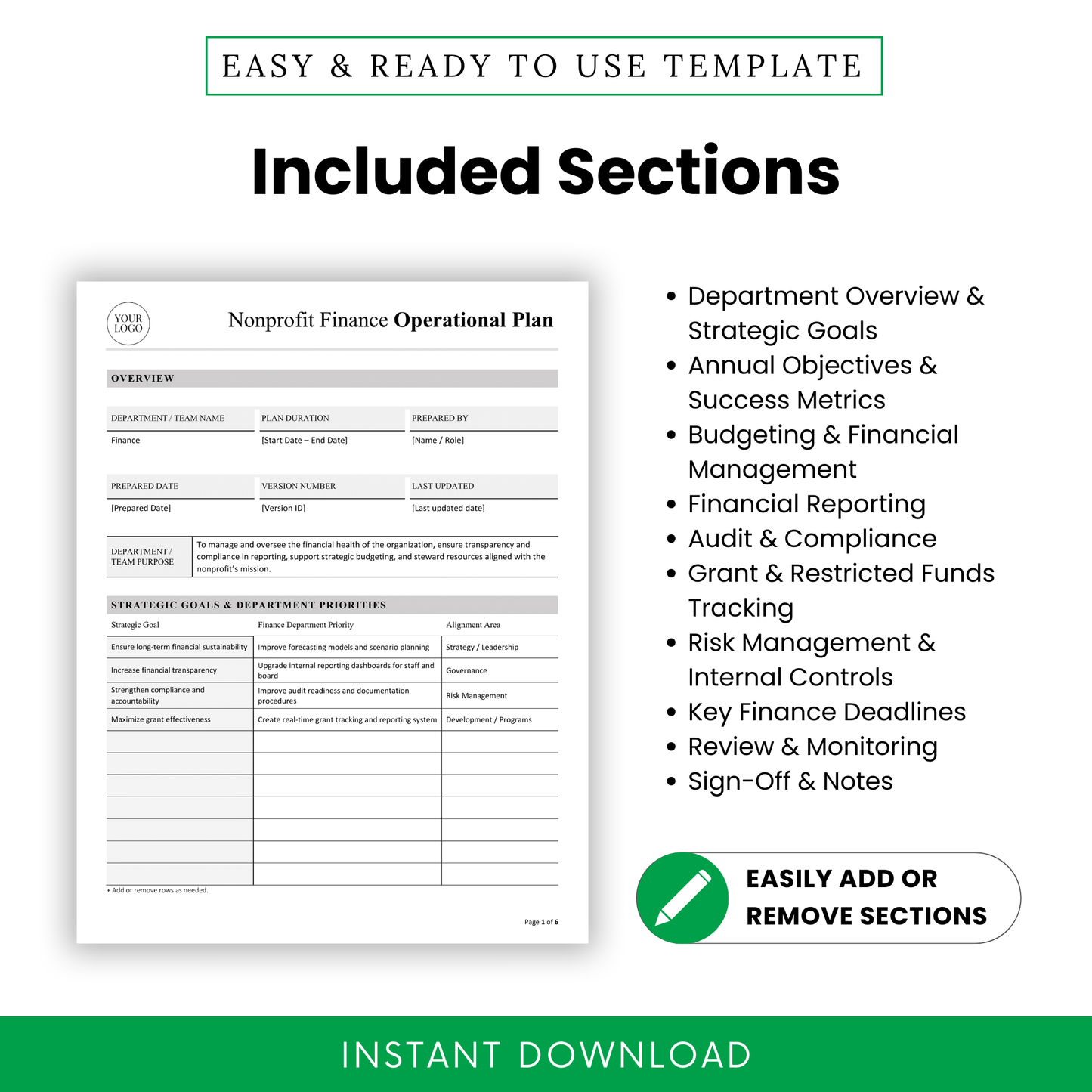 Nonprofit finance template sections including strategic goals, financial management, reporting, audit compliance, risk management, grant tracking, and performance monitoring