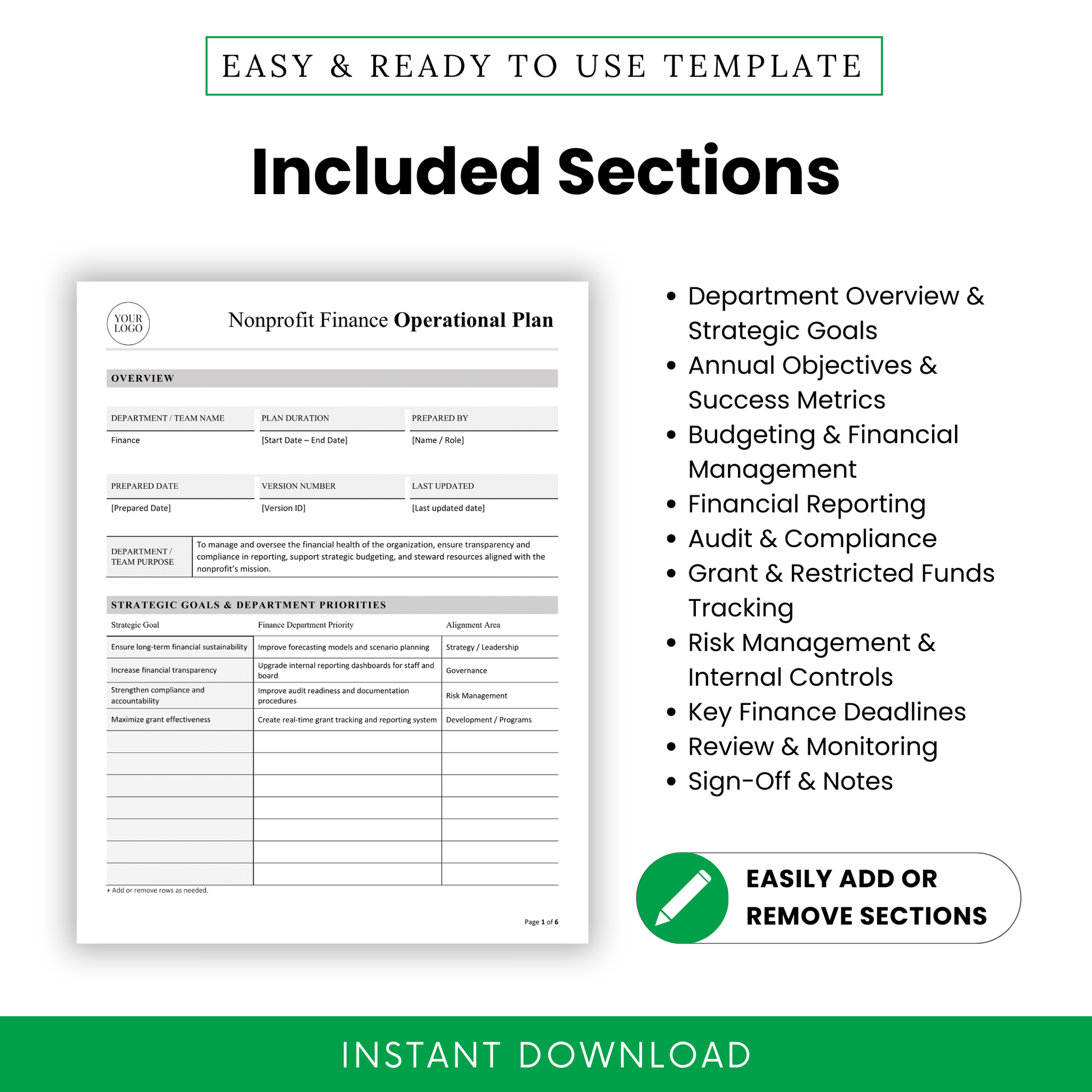 Nonprofit finance template sections including strategic goals, financial management, reporting, audit compliance, risk management, grant tracking, and performance monitoring
