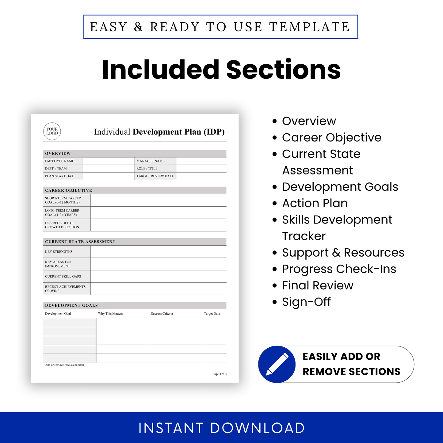 Detailed overview of included IDP template sections such as career objectives, development goals, action plans, and skills tracking, designed for structured employee growth and performance management