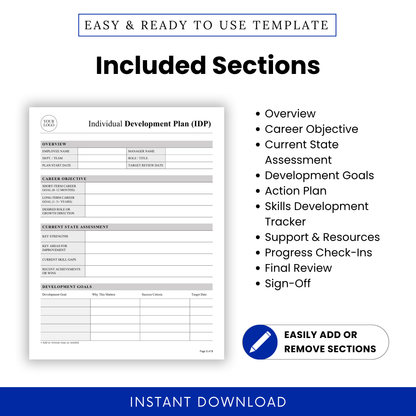 Detailed overview of included IDP template sections such as career objectives, development goals, action plans, and skills tracking, designed for structured employee growth and performance management