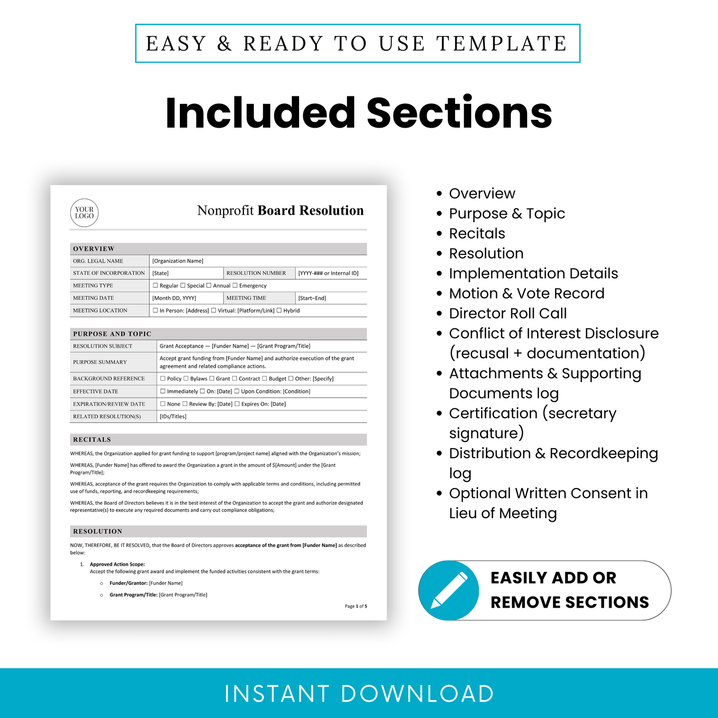 Nonprofit board resolution template sections overview including purpose, recitals, resolution, implementation details, voting records, conflict of interest disclosure, and attachments log