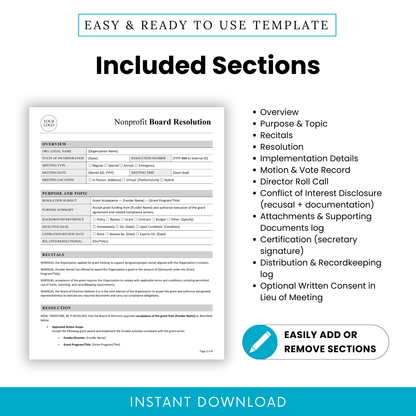 Nonprofit board resolution template sections overview including purpose, recitals, resolution, implementation details, voting records, conflict of interest disclosure, and attachments log