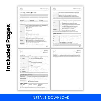 Four pages of a Standard Operating Procedure document with text and checkboxes on a white background.
