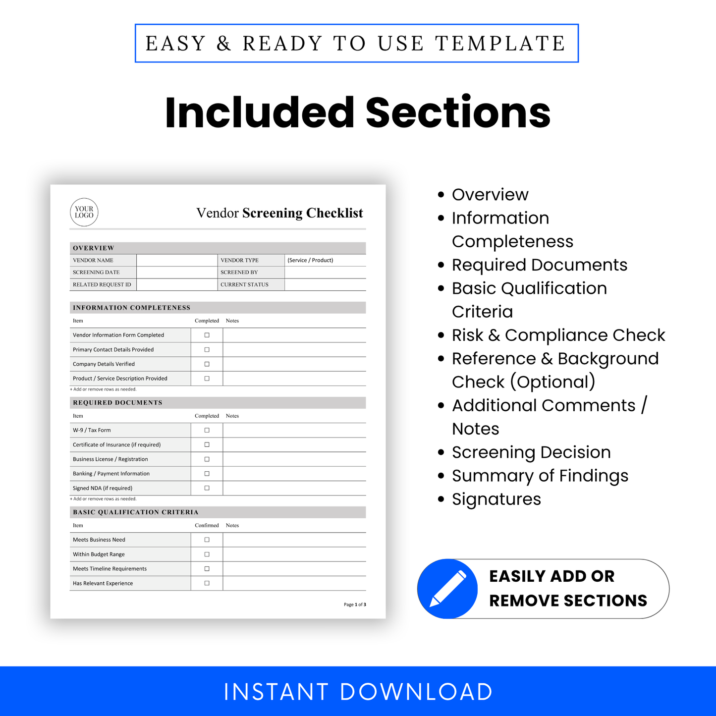 Editable Vendor Screening Checklist Template showcasing detailed sections like overview, required documents, and risk compliance checks. This professional vendor management template helps teams standardize screening processes and improve decision-making.