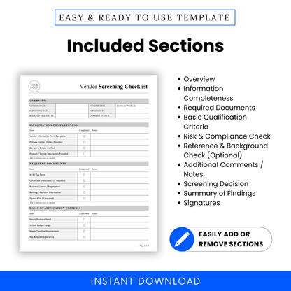 Editable Vendor Screening Checklist Template showcasing detailed sections like overview, required documents, and risk compliance checks. This professional vendor management template helps teams standardize screening processes and improve decision-making.