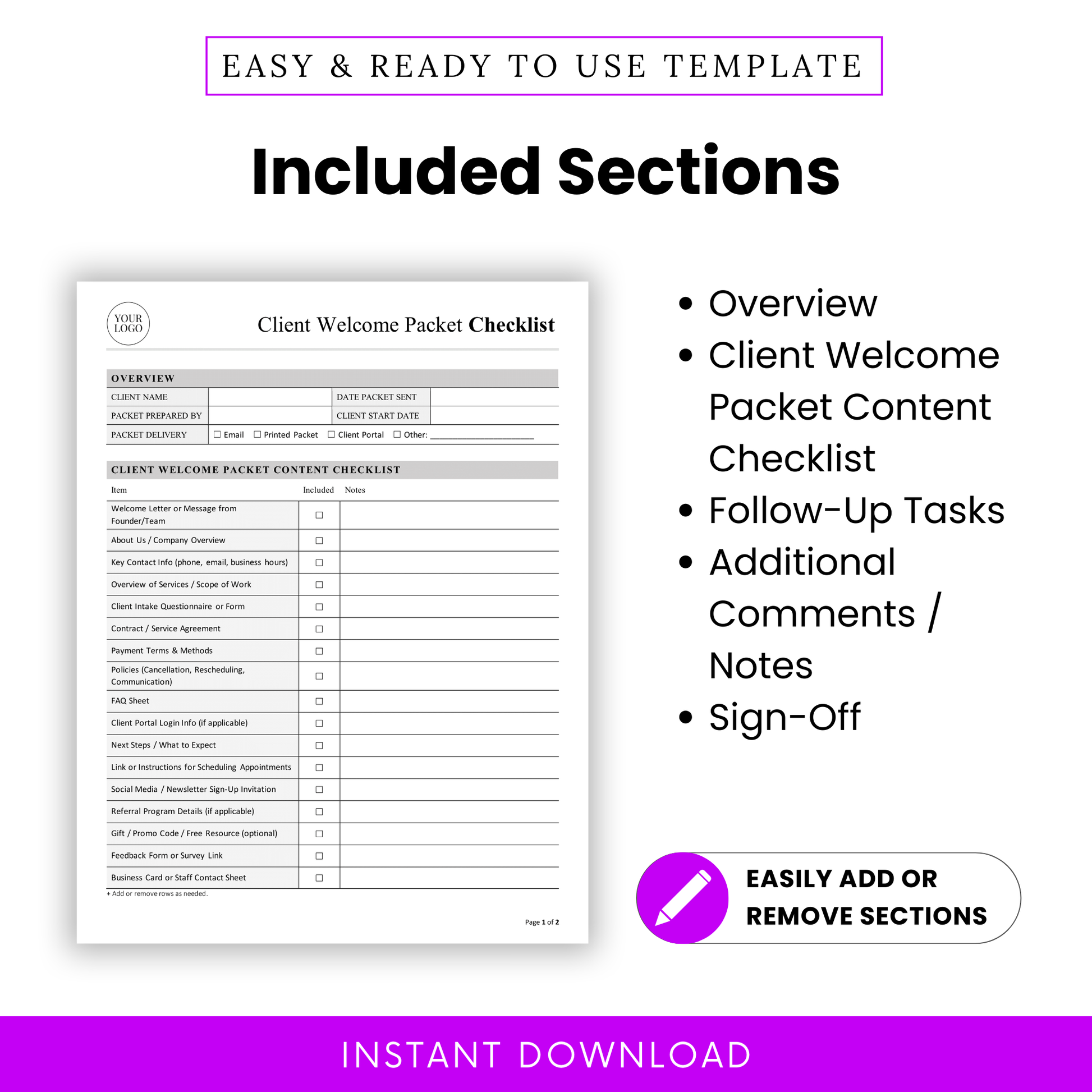 A visual overview listing the sections included in the template such as overview, checklist, follow-up tasks, notes, and sign-off