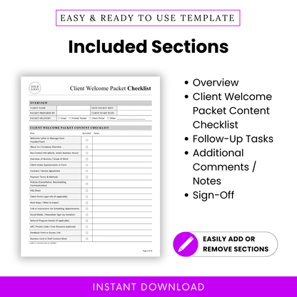 A visual overview listing the sections included in the template such as overview, checklist, follow-up tasks, notes, and sign-off