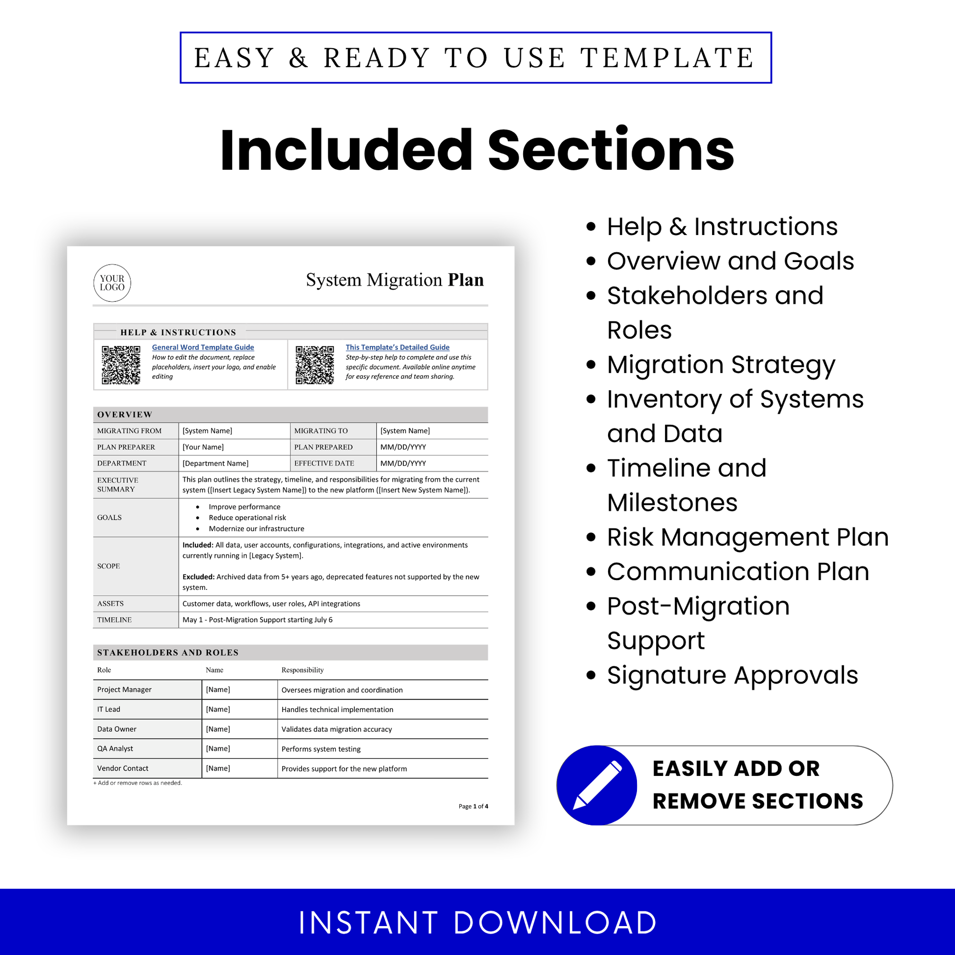 Breakdown of all sections included in the template, such as project overview, migration goals, team responsibilities, risk management, communication plans, and post-migration support.