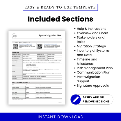 Breakdown of all sections included in the template, such as project overview, migration goals, team responsibilities, risk management, communication plans, and post-migration support.