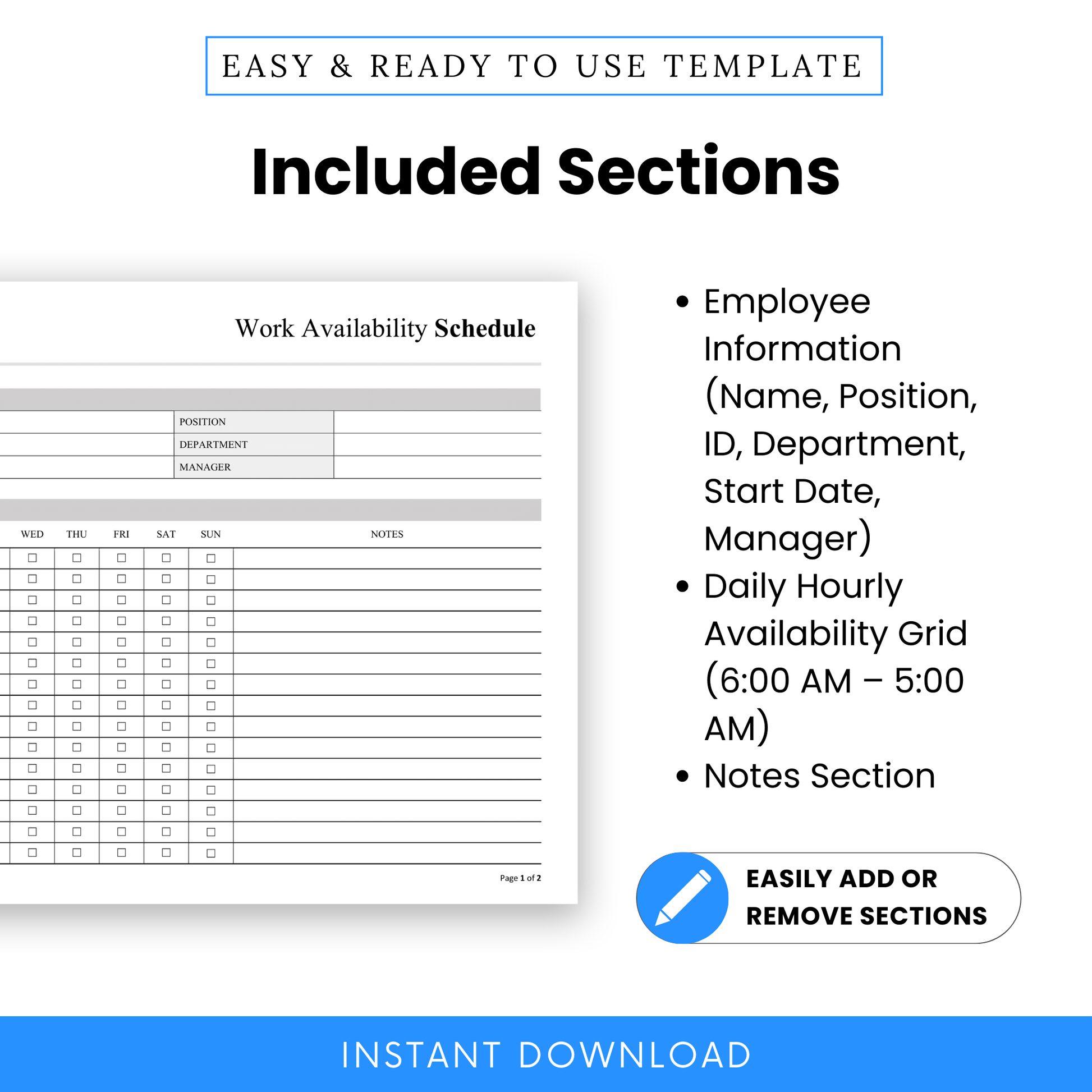 Work availability schedule template sections including employee information, daily hourly availability grid, and notes section for shift planning and workforce management