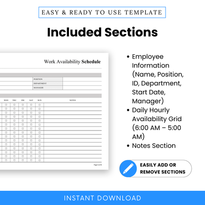Work availability schedule template sections including employee information, daily hourly availability grid, and notes section for shift planning and workforce management