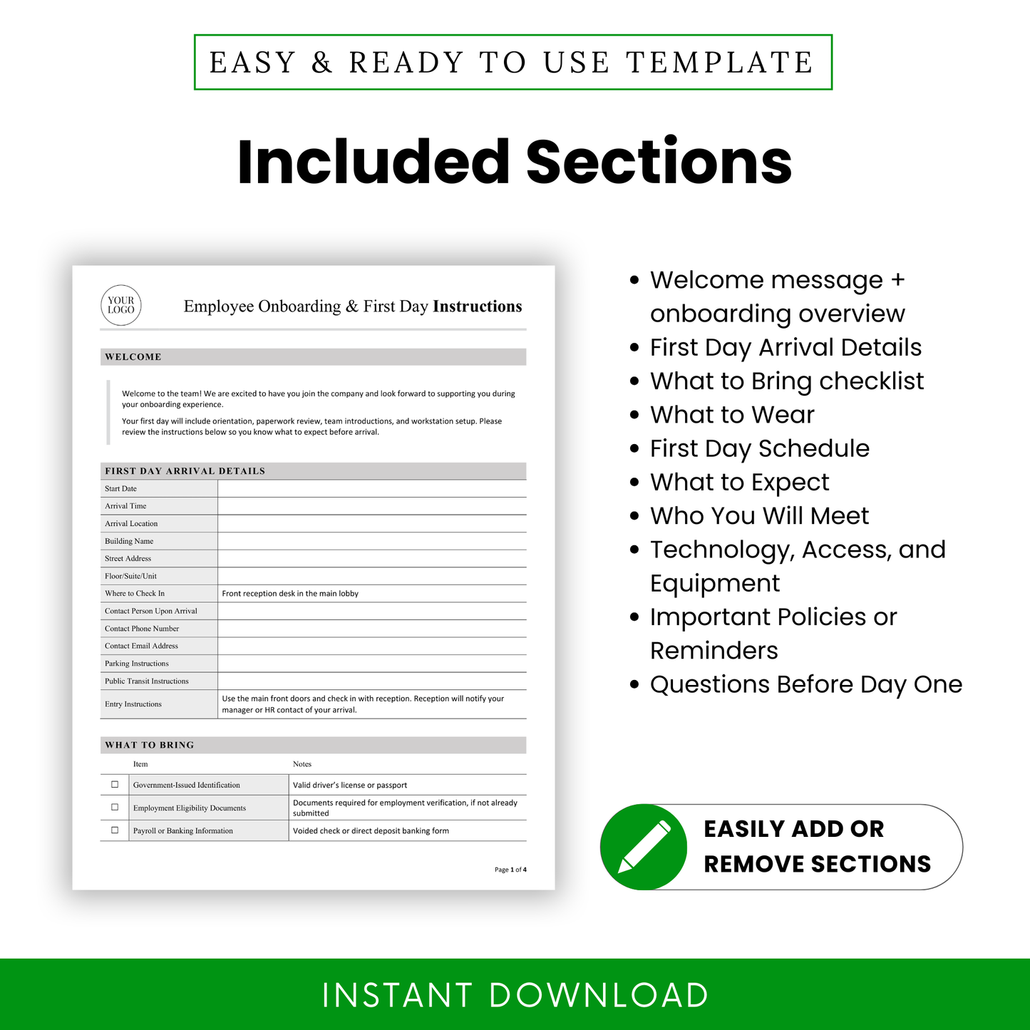 Employee onboarding template sections list featuring welcome message, first day details, checklist, dress code, schedule, expectations, and HR policies