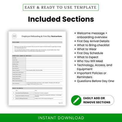 Employee onboarding template sections list featuring welcome message, first day details, checklist, dress code, schedule, expectations, and HR policies