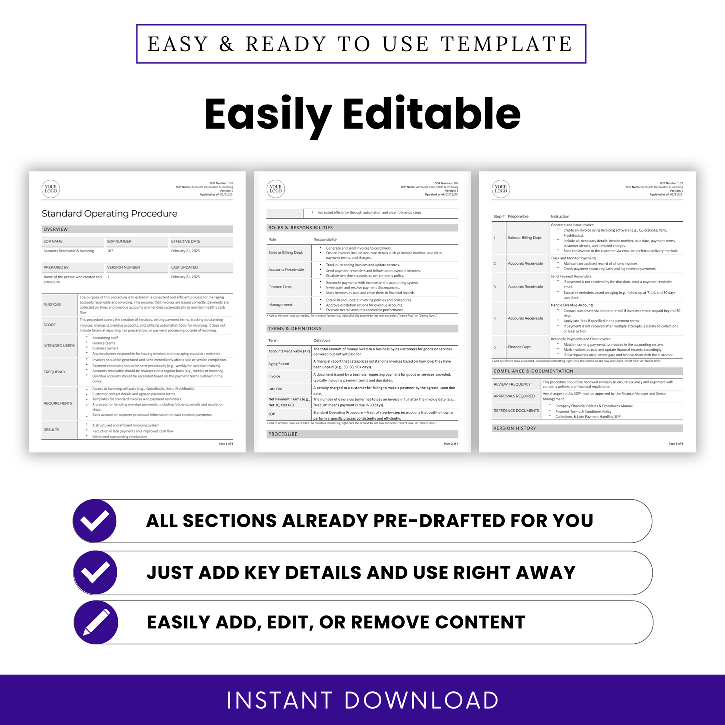 Accounts Receivable & Invoicing SOP Template (Word & PDF) – Simple Standard Operating Procedure Template