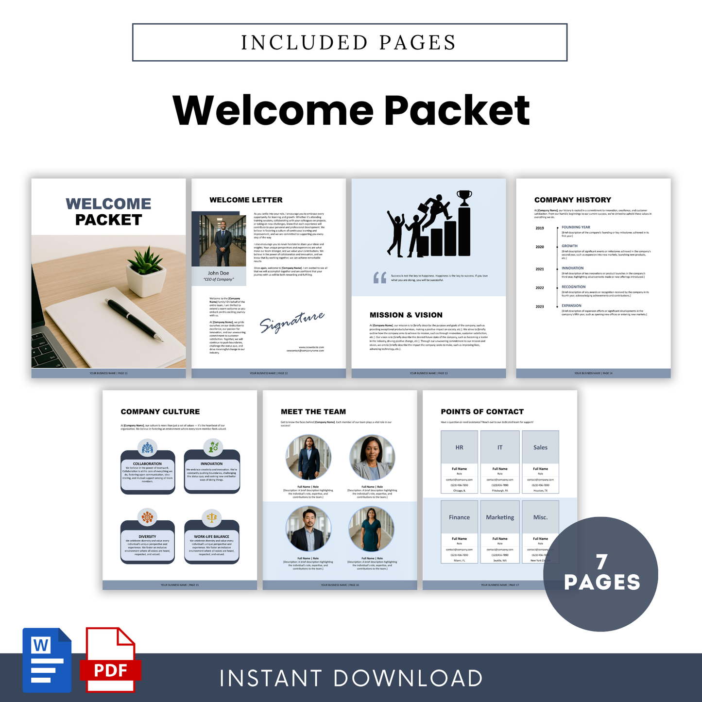 Employee welcome packet template with welcome letter, company mission and vision, team introduction, and company culture pages, editable HR onboarding document