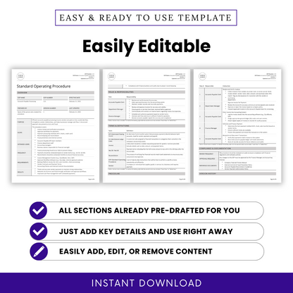 Easily editable Accounts Payable Processing SOP template. Features a document preview showcasing structured sections, including roles and responsibilities, terms and definitions, and procedures. Highlights three key benefits: all sections are pre-drafted, just add key details and use immediately, and easily add, edit, or remove content. Includes an 'Instant Download' banner.