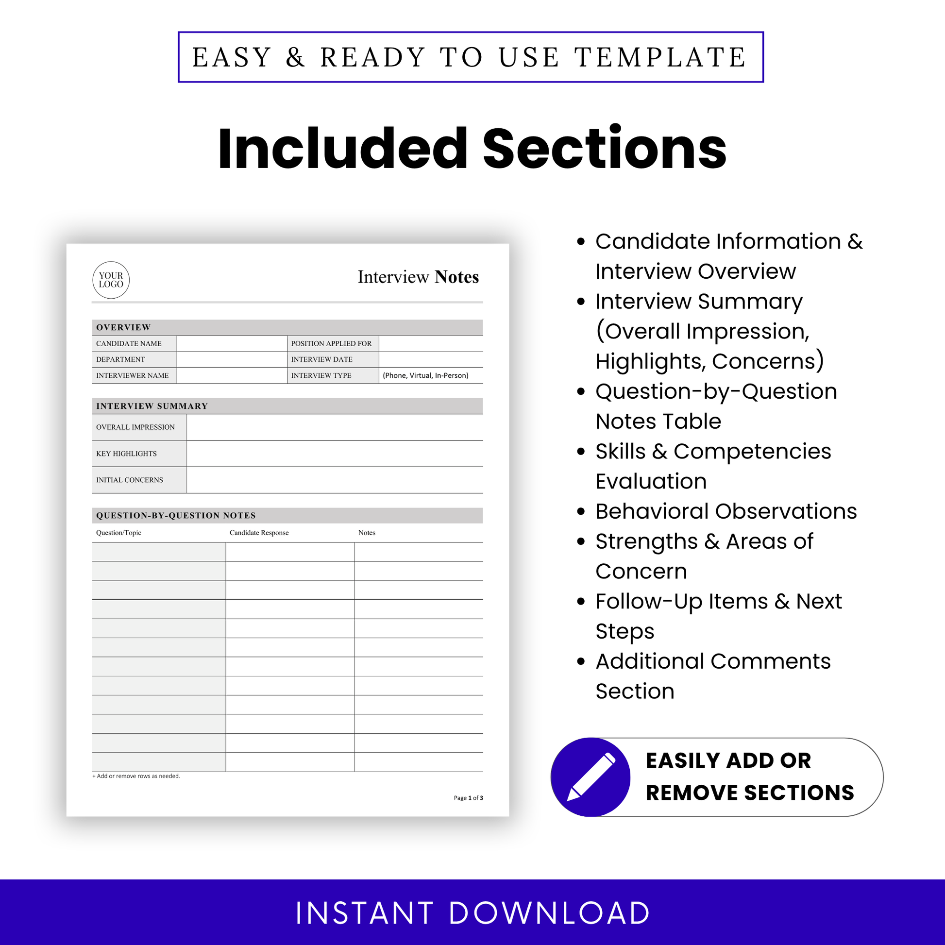Interview notes template sections list including candidate information, interview summary, skills evaluation, behavioral observations, hiring checklist document