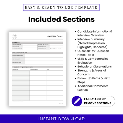 Interview notes template sections list including candidate information, interview summary, skills evaluation, behavioral observations, hiring checklist document