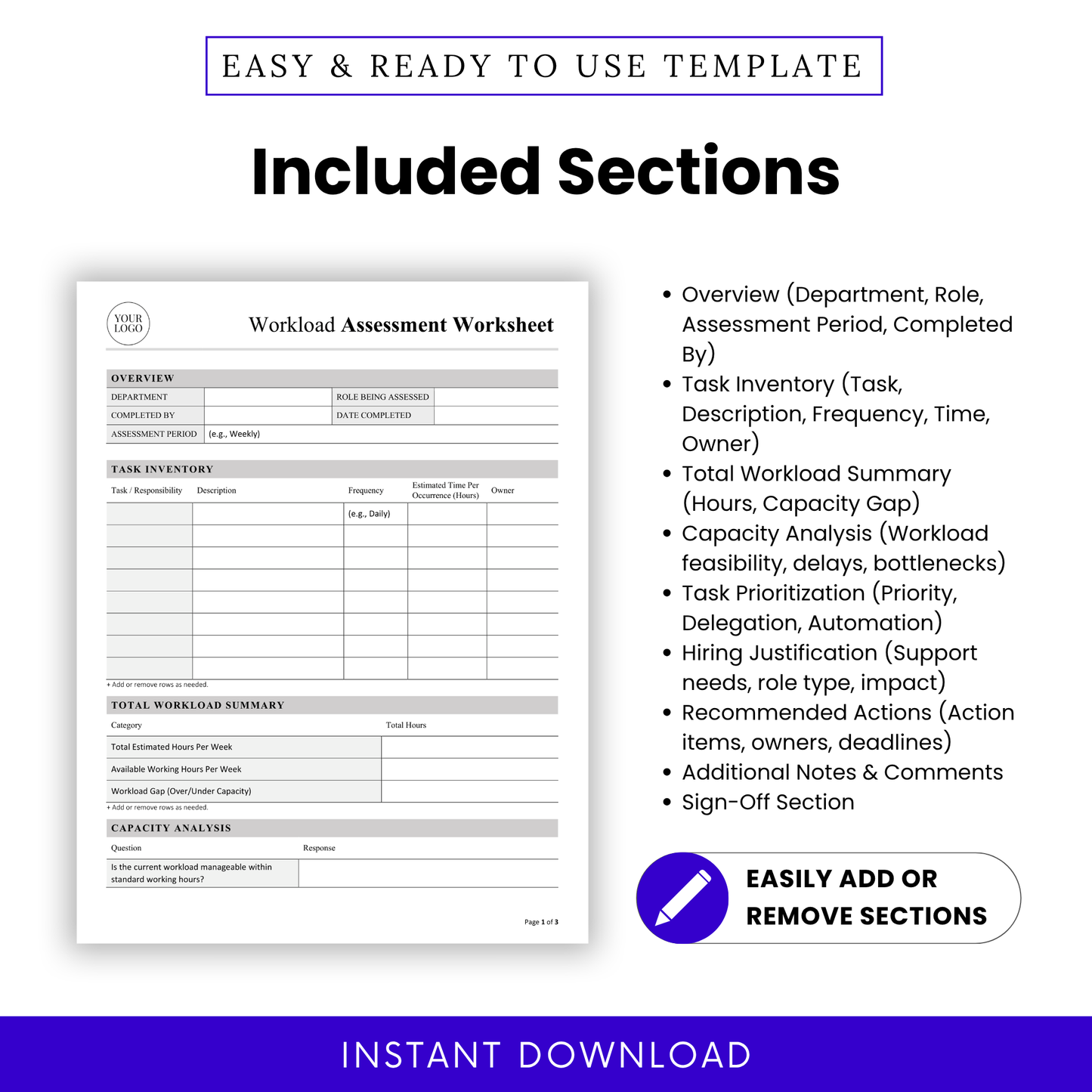 Detailed workload assessment worksheet sections including overview, task inventory, workload summary, capacity analysis, task prioritization, hiring justification, recommended actions and sign off section for business planning