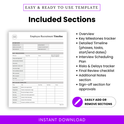 HR recruitment timeline template sections including overview, key milestones, detailed hiring timeline, interview scheduling plan, risks and delays tracker, and approval sign-off