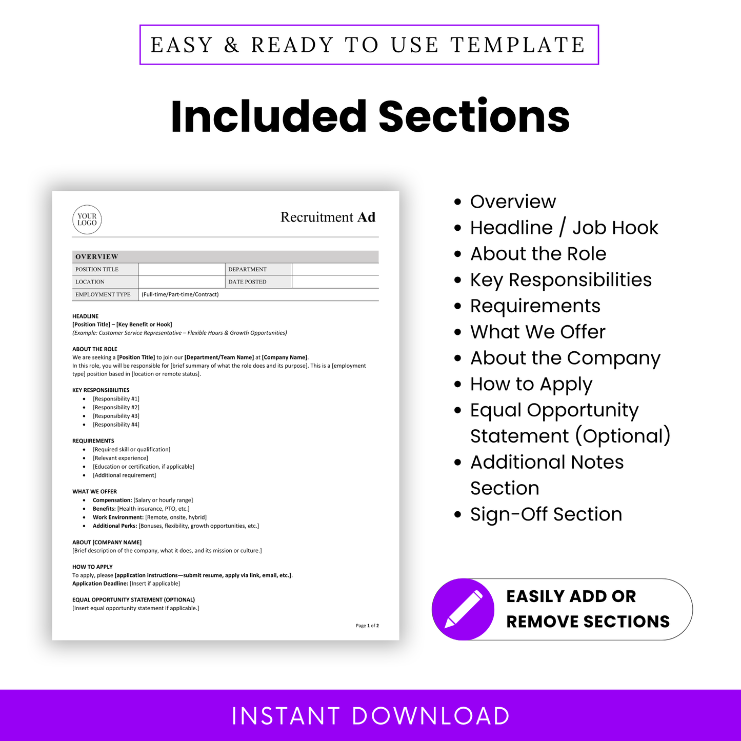 Recruitment ad template sections overview including job responsibilities, requirements, company info and application details, professional hiring template structure