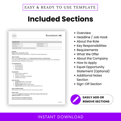 Recruitment ad template sections overview including job responsibilities, requirements, company info and application details, professional hiring template structure