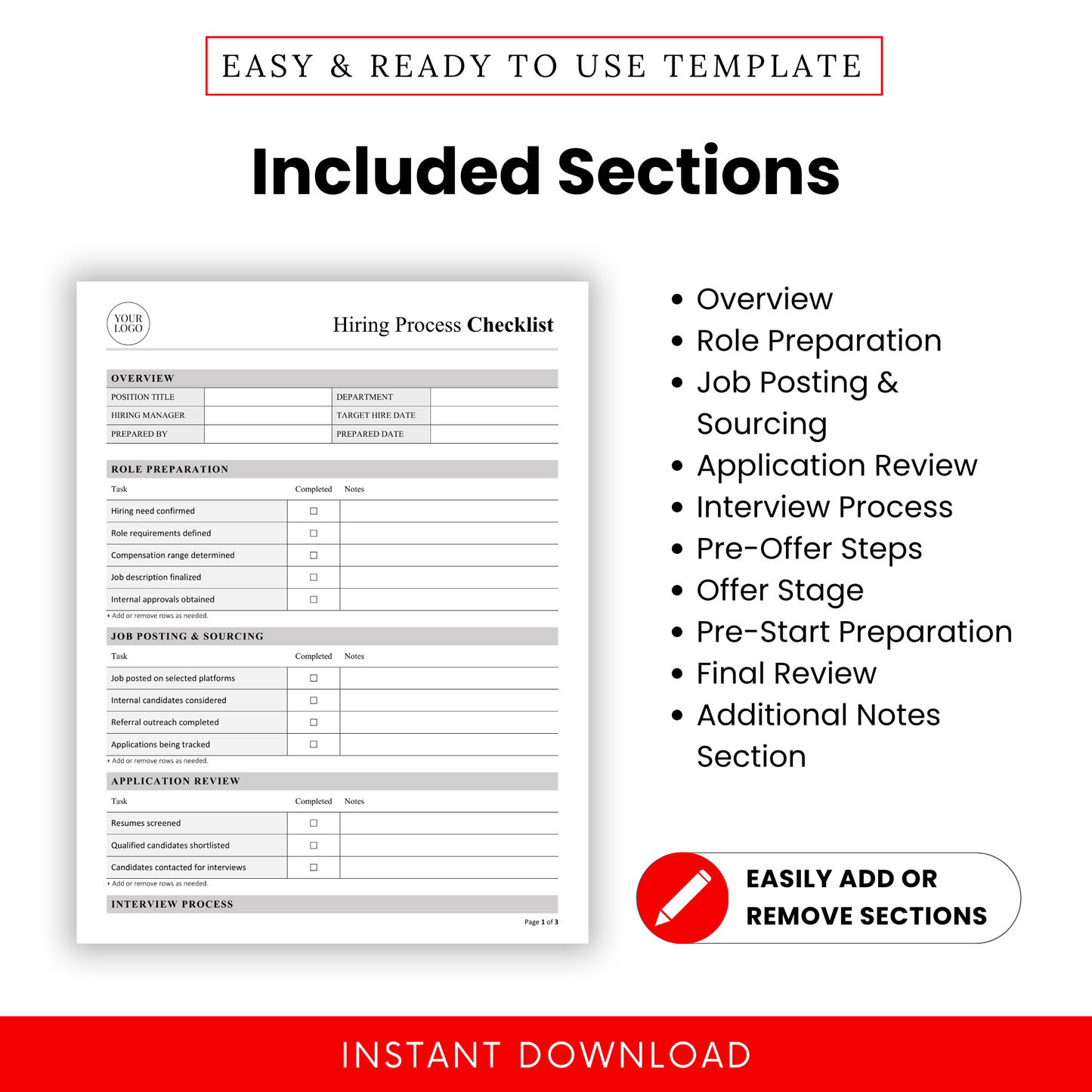 Hiring checklist template sections overview including recruitment workflow steps, HR process organization, interview stages, offer management, onboarding preparation, and final review checklist