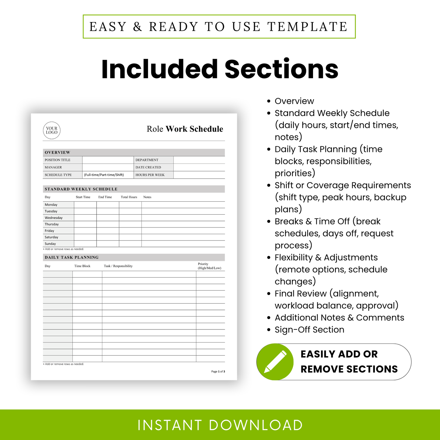 employee role planning template sections list, weekly schedule, task planning, coverage requirements, breaks and workflow organization