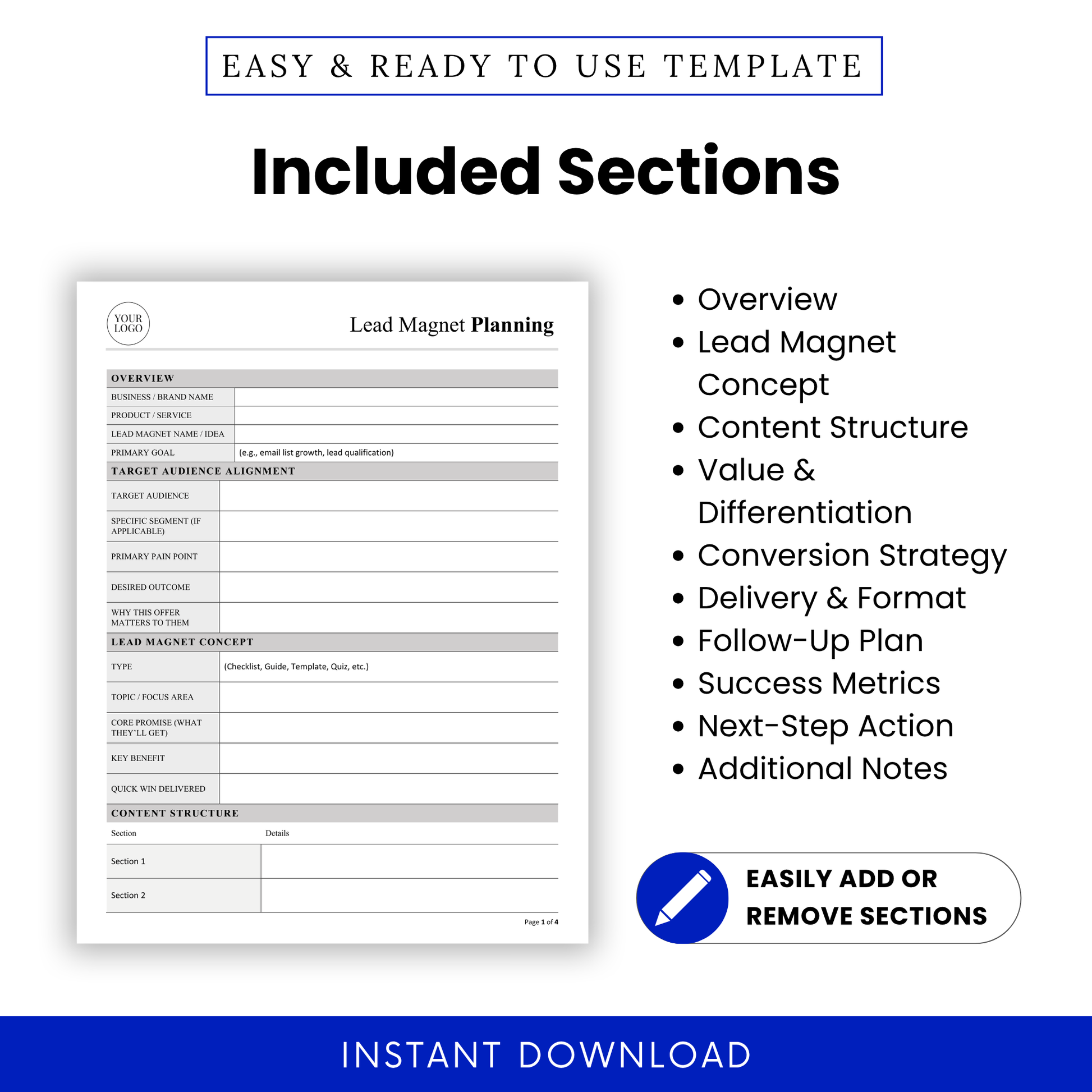 Breakdown of a Lead Magnet Planning Template, showing sections like overview, lead magnet concept, and success metrics. This simple Lead Magnet Template helps users organize marketing strategies efficiently with an editable and printable format.