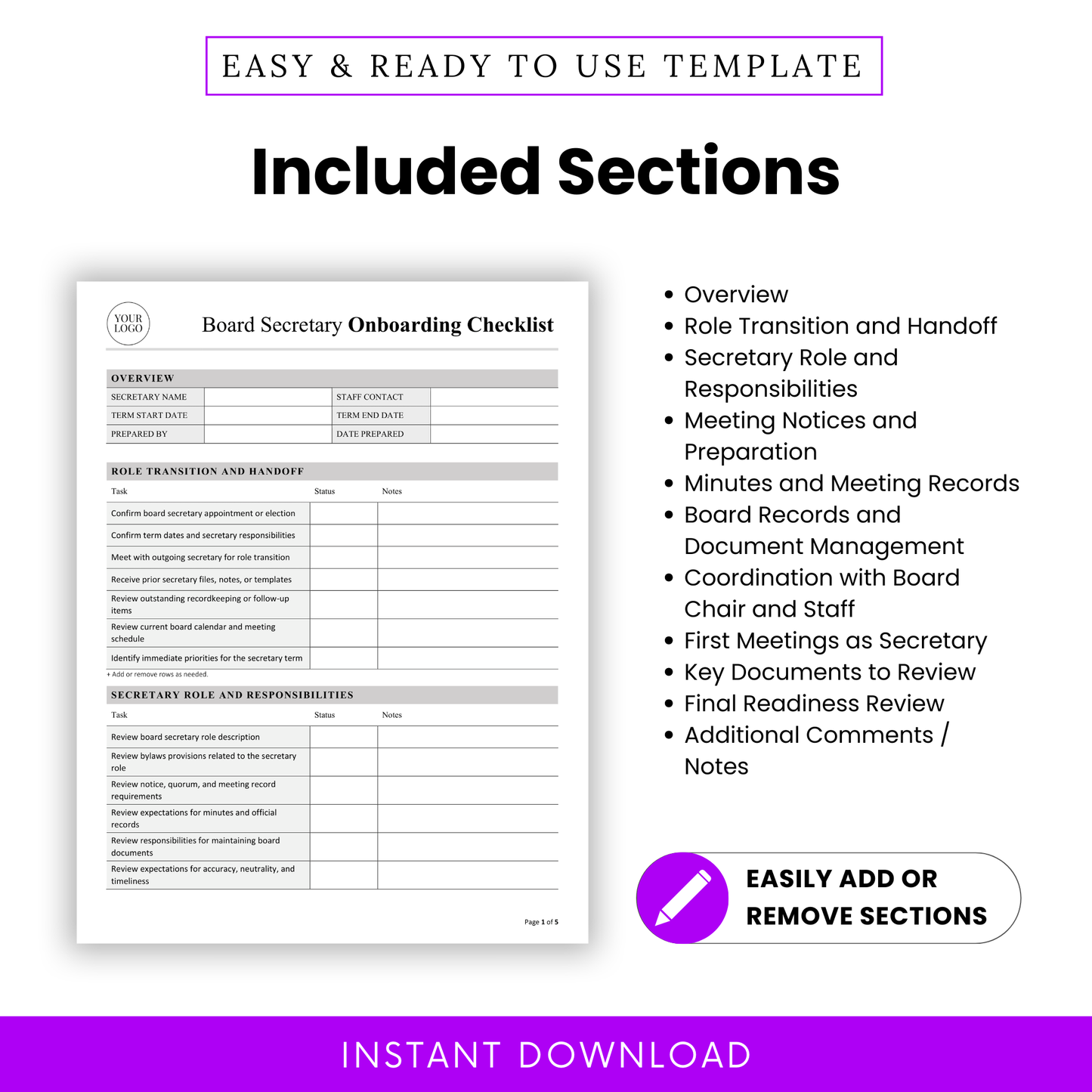 Nonprofit board secretary onboarding checklist template with included sections such as overview, role transition and handoff, secretary responsibilities, meeting notices, minutes and records, board documents, readiness review, and notes