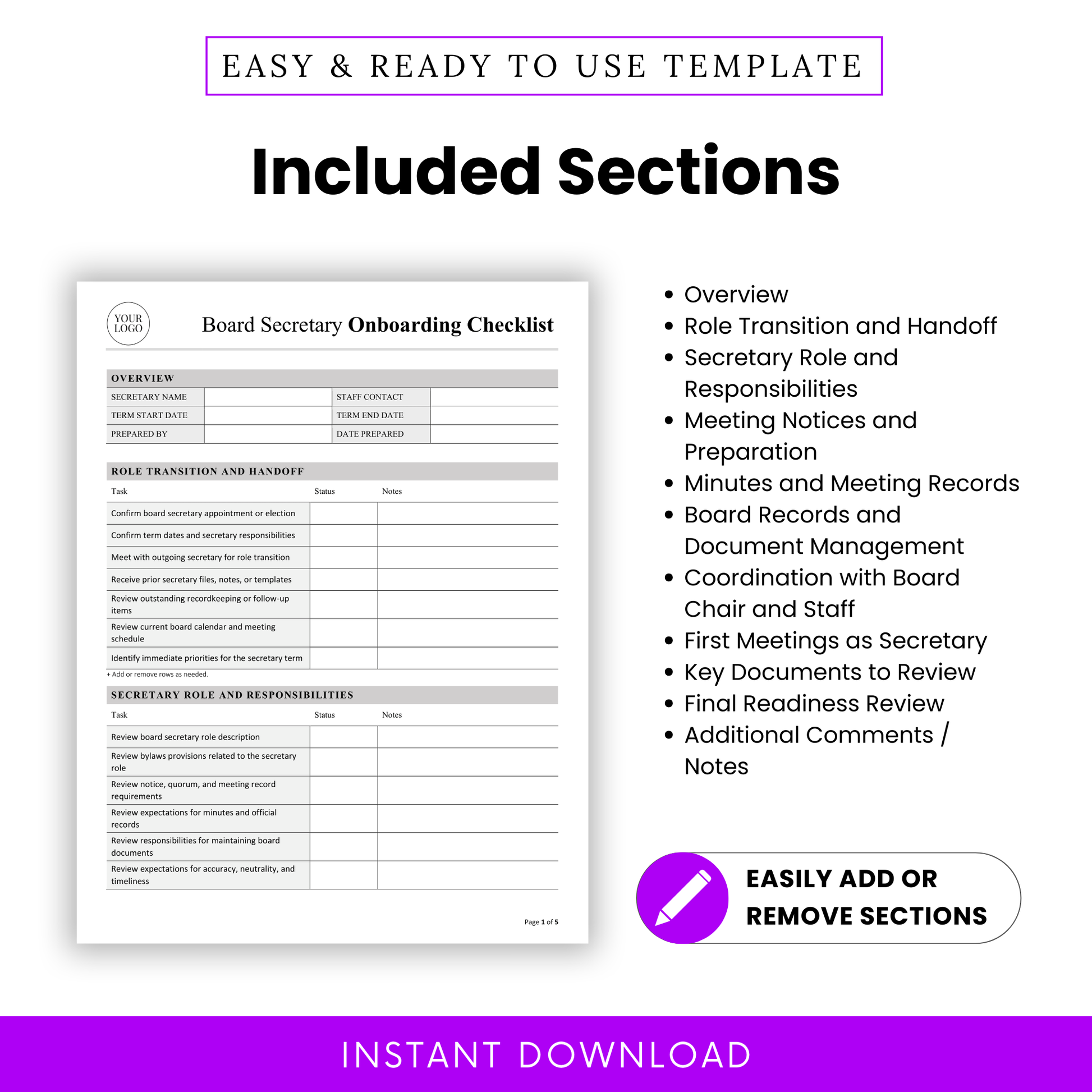 Nonprofit board secretary onboarding checklist template with included sections such as overview, role transition and handoff, secretary responsibilities, meeting notices, minutes and records, board documents, readiness review, and notes