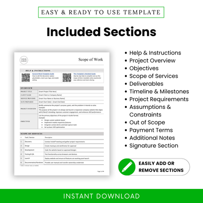 Detailed scope of work template sections including project overview, objectives, scope of services, timeline, deliverables, and signature page