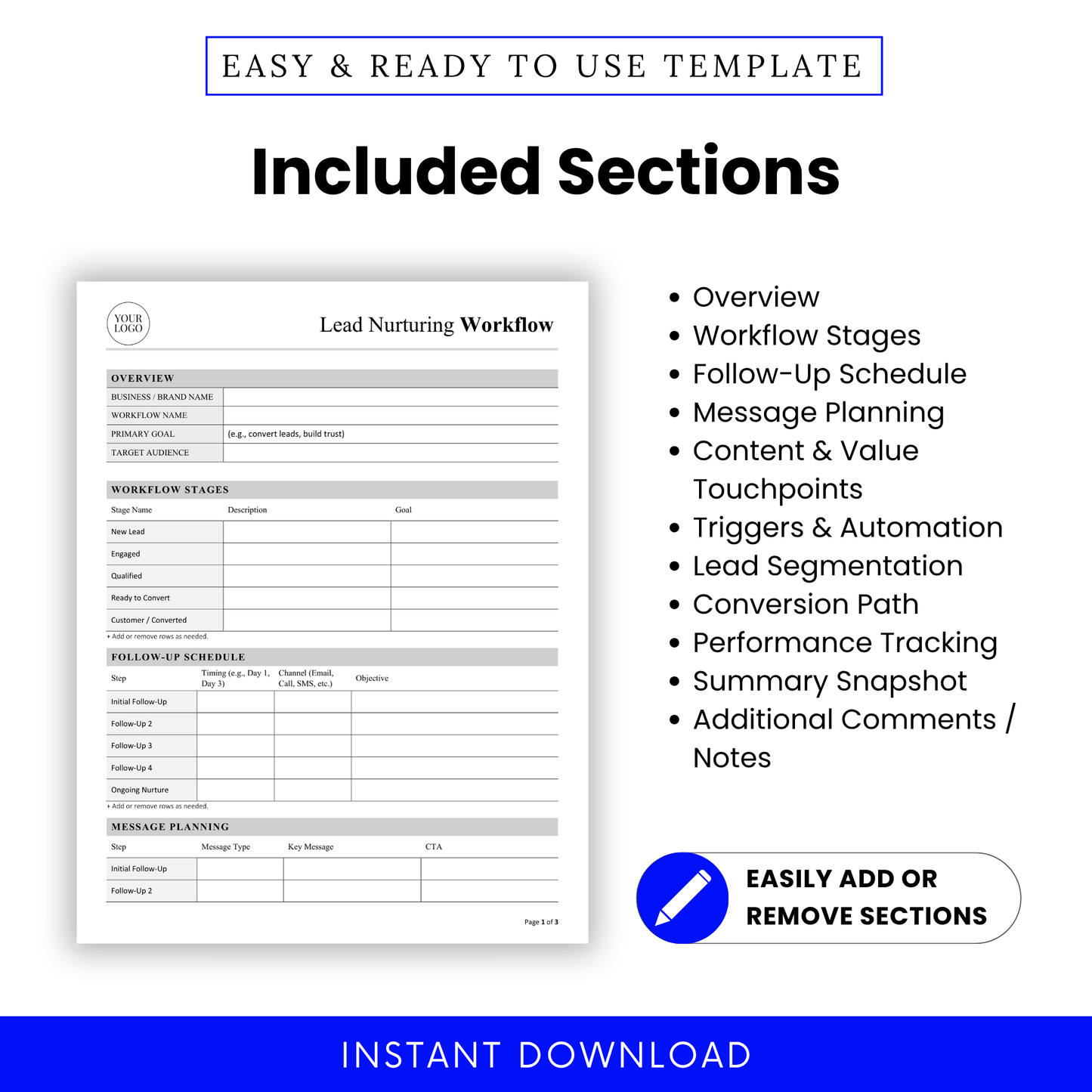 Detailed view of sections included in the Lead Nurturing Workflow Template Word, highlighting areas like follow-up scheduling, segmentation, and performance tracking. A simple Lead Nurturing Workflow Template designed for professionals who need a clear, organized system for managing leads.
