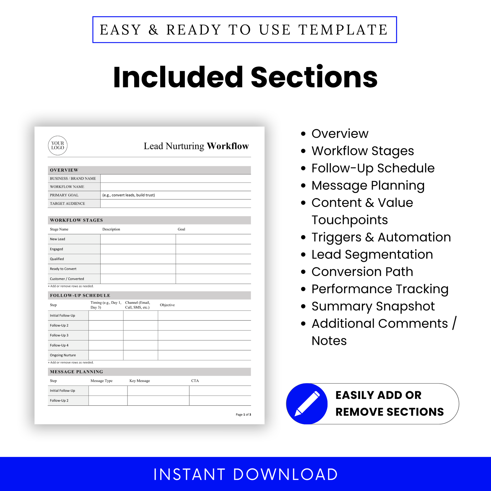 Detailed view of sections included in the Lead Nurturing Workflow Template Word, highlighting areas like follow-up scheduling, segmentation, and performance tracking. A simple Lead Nurturing Workflow Template designed for professionals who need a clear, organized system for managing leads.