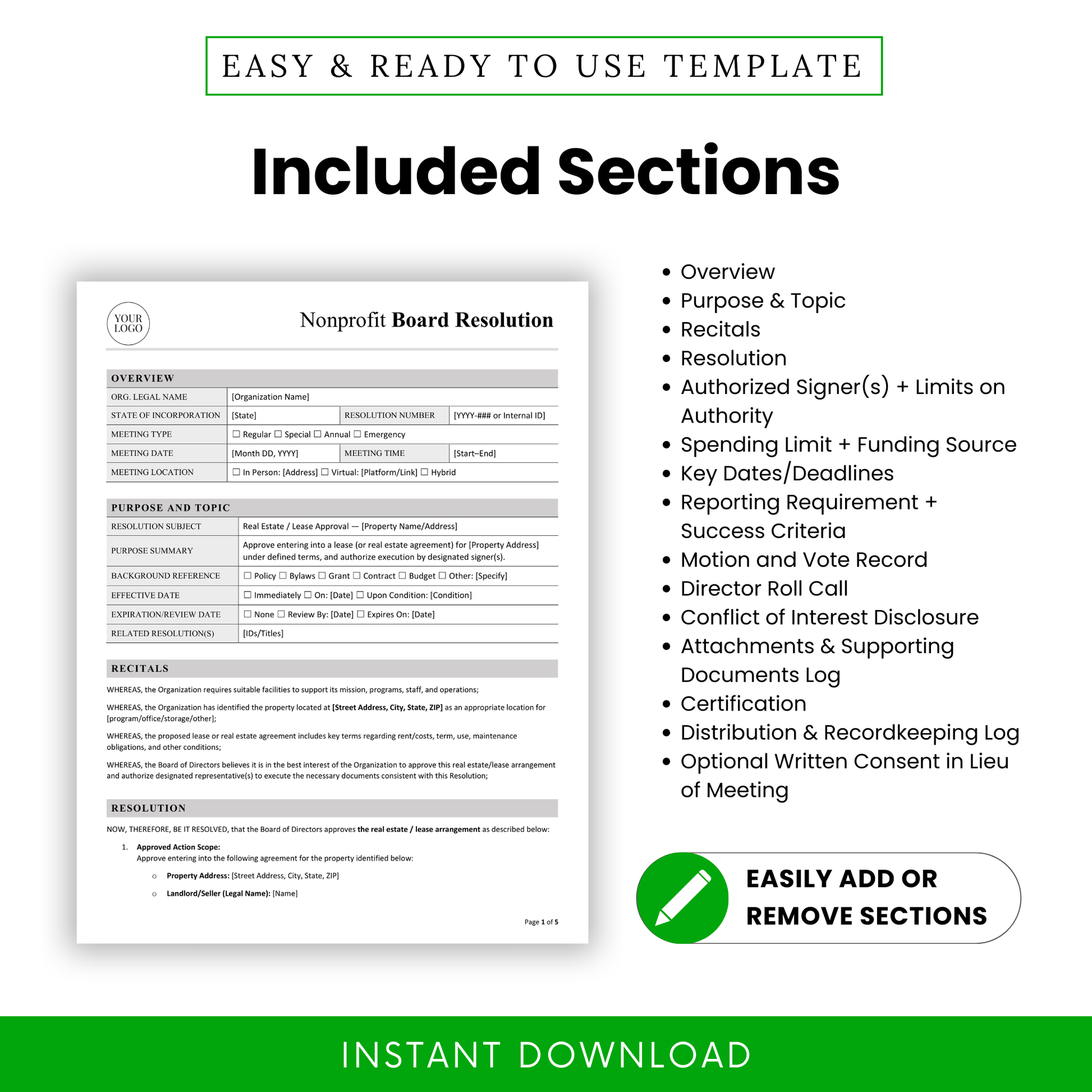 Nonprofit board resolution template sections including overview, purpose, recitals, resolution, voting record, conflict of interest disclosure, and certification