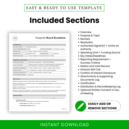 Nonprofit board resolution template sections including overview, purpose, recitals, resolution, voting record, conflict of interest disclosure, and certification