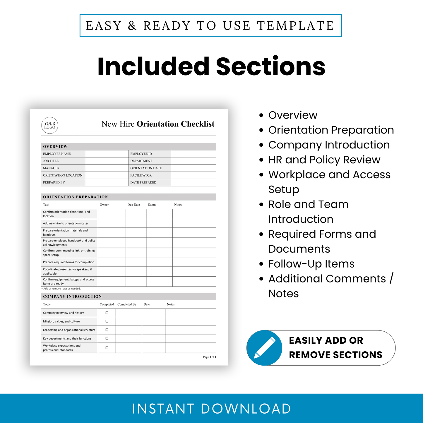Detailed layout of onboarding checklist sections including employee overview, orientation preparation, company introduction, HR policies, workspace setup, role introduction, forms, and notes section
