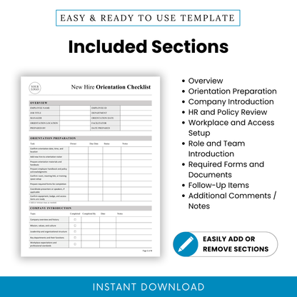 Detailed layout of onboarding checklist sections including employee overview, orientation preparation, company introduction, HR policies, workspace setup, role introduction, forms, and notes section