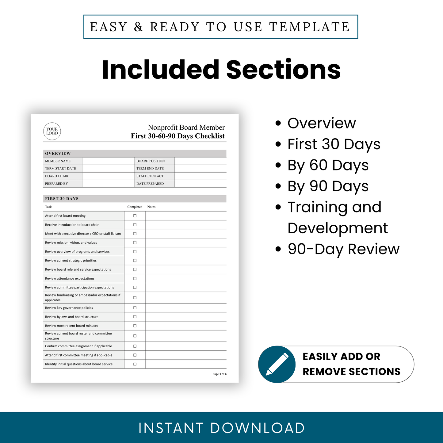 Nonprofit board member first 30-60-90 days checklist template preview highlighting included sections such as overview, first 30 days, by 60 days, by 90 days, training and development, and 90-day review in an editable nonprofit planning document