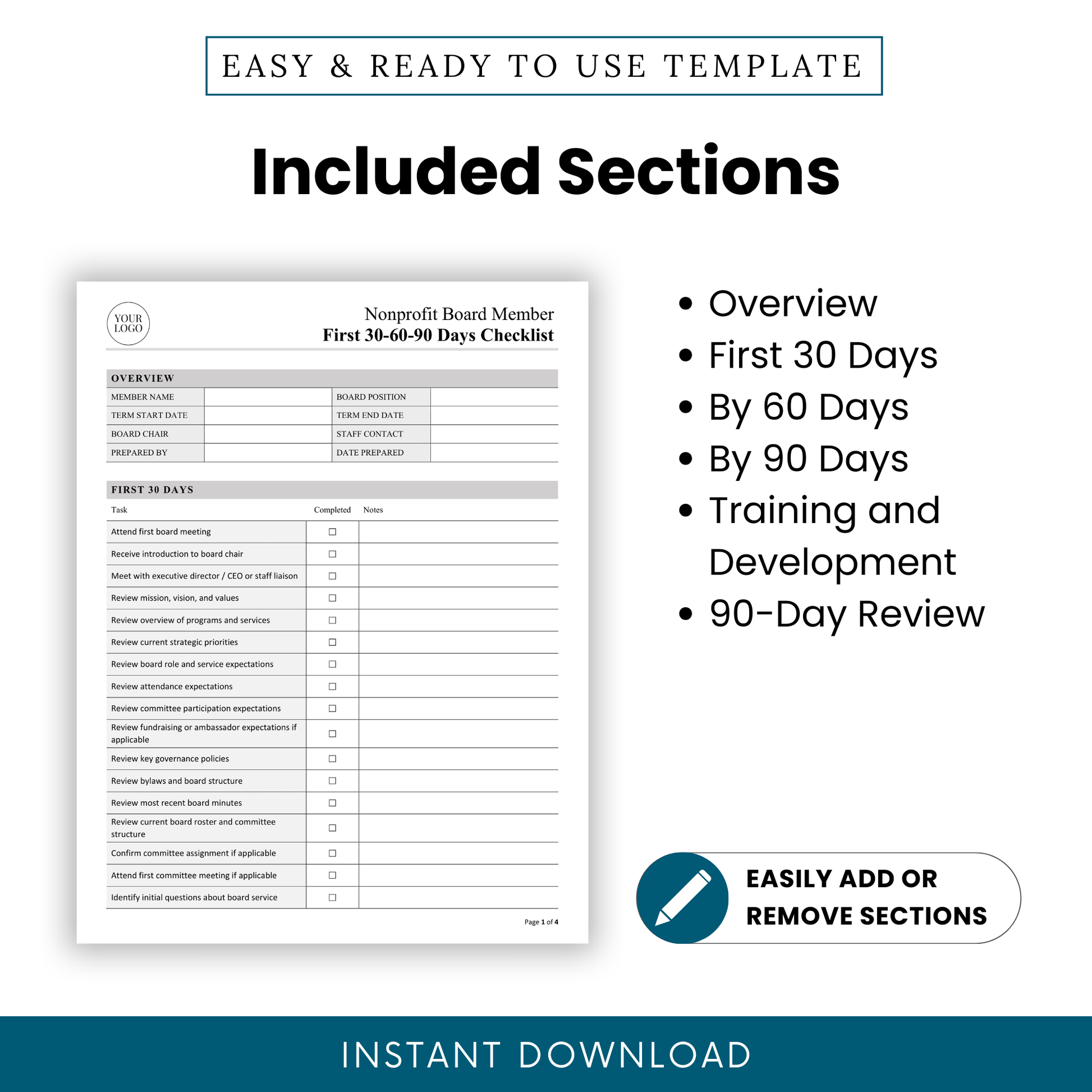 Nonprofit board member first 30-60-90 days checklist template preview highlighting included sections such as overview, first 30 days, by 60 days, by 90 days, training and development, and 90-day review in an editable nonprofit planning document