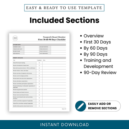 Nonprofit board member first 30-60-90 days checklist template preview highlighting included sections such as overview, first 30 days, by 60 days, by 90 days, training and development, and 90-day review in an editable nonprofit planning document