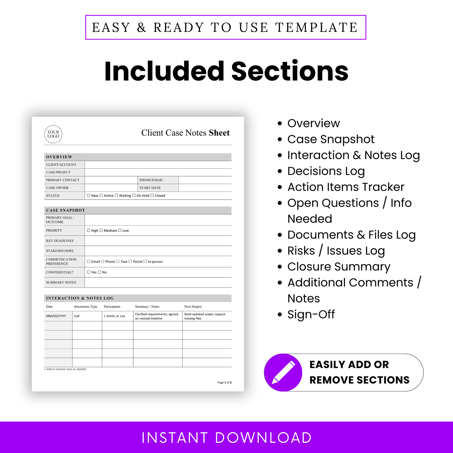 Client case notes sheet template sections including overview, case snapshot, interaction log, decisions log, action tracker, risks log, closure summary, and sign-off page