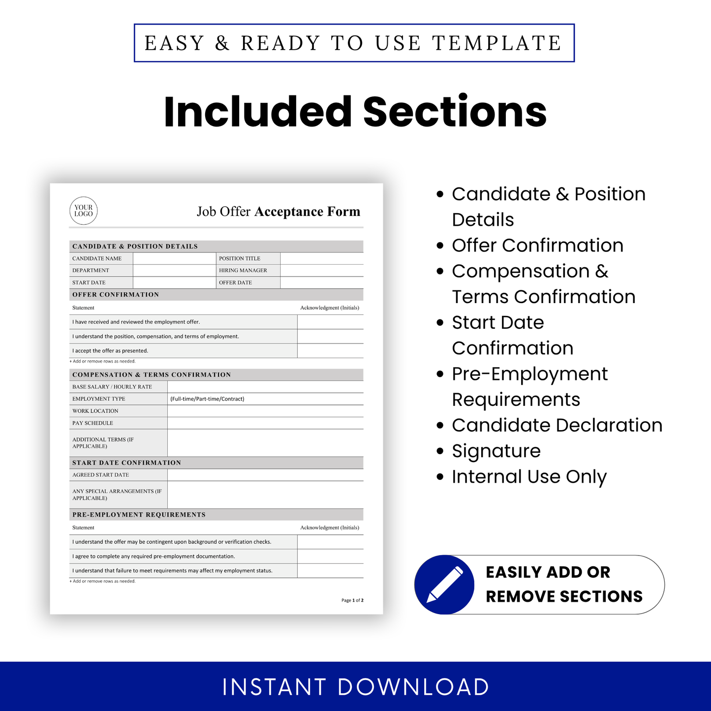 Job Offer Acceptance Form Template with clearly listed sections like candidate details, offer confirmation, and signature fields. This editable SOP-style HR template supports recruiters and managers in organizing employment agreements efficiently.